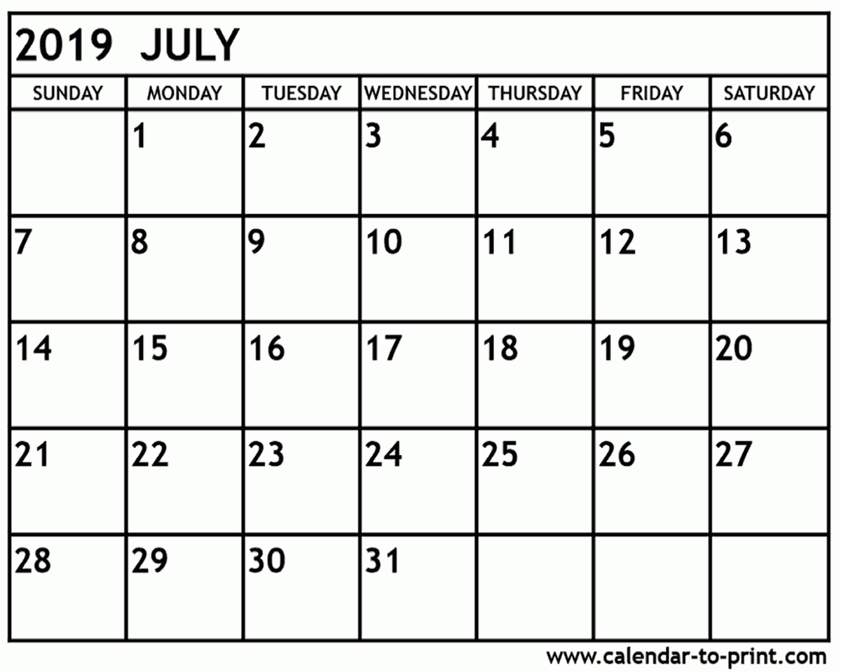 July 2019 Calendar Printable intended for Free Calendar July 2019-June 2020