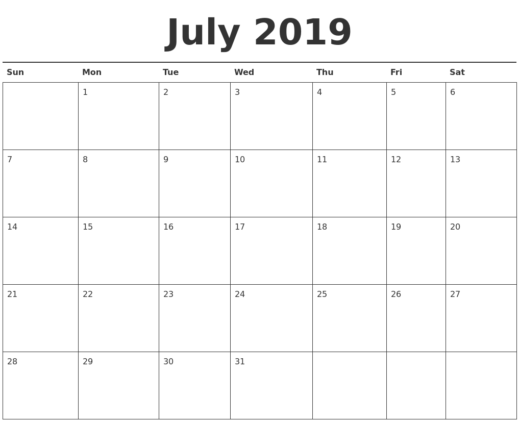 July 2019 Calendar Printable with regard to Caleners From July 2019 -December 2020 Free Printable