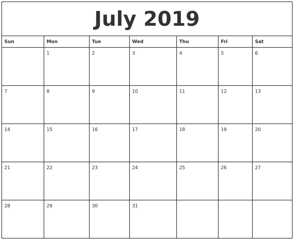 July 2019 Printable Monthly Calendar pertaining to Fill In Printable Monthly Calendar