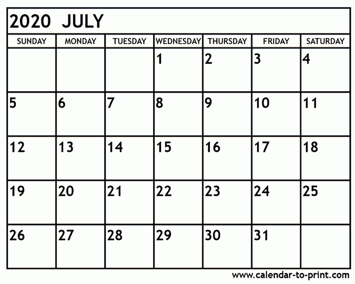 July 2020 Calendar Printable intended for Printable Calendars July 2019 To June 2020