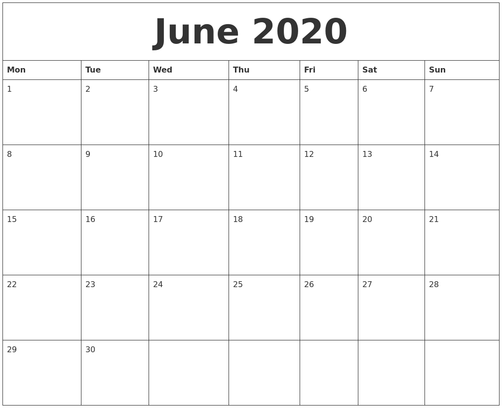 June 2020 Calendar inside Calendar July 2019 - June 2020