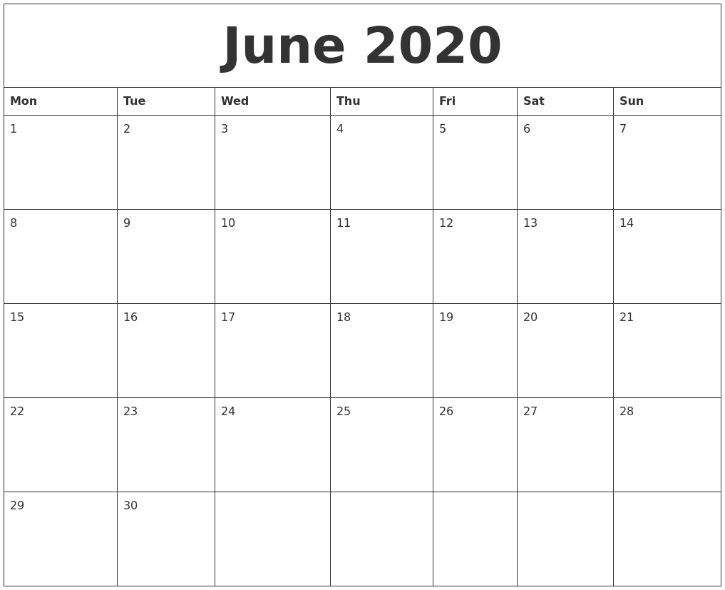 June 2020 Calendar with regard to Calendar July 2019-June 2020