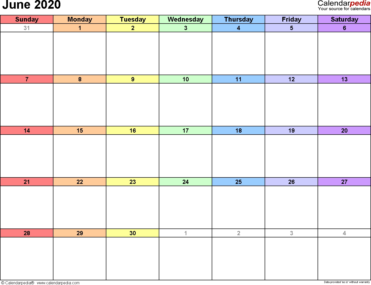 June 2020 Calendars For Word, Excel &amp; Pdf intended for Calendar 2020 Large Box