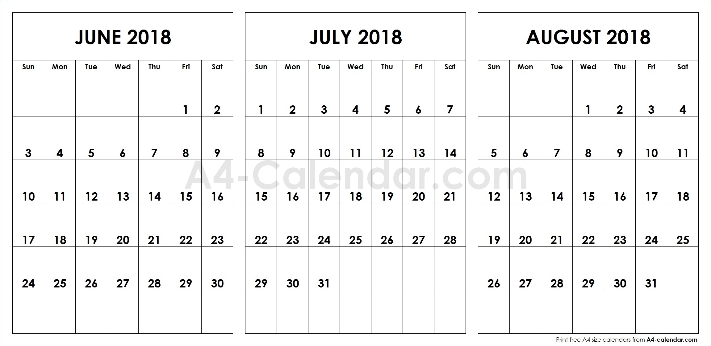 June July August 2018 A4 Calendar | 3 Month Calendar Template with regard to Calendar For June July