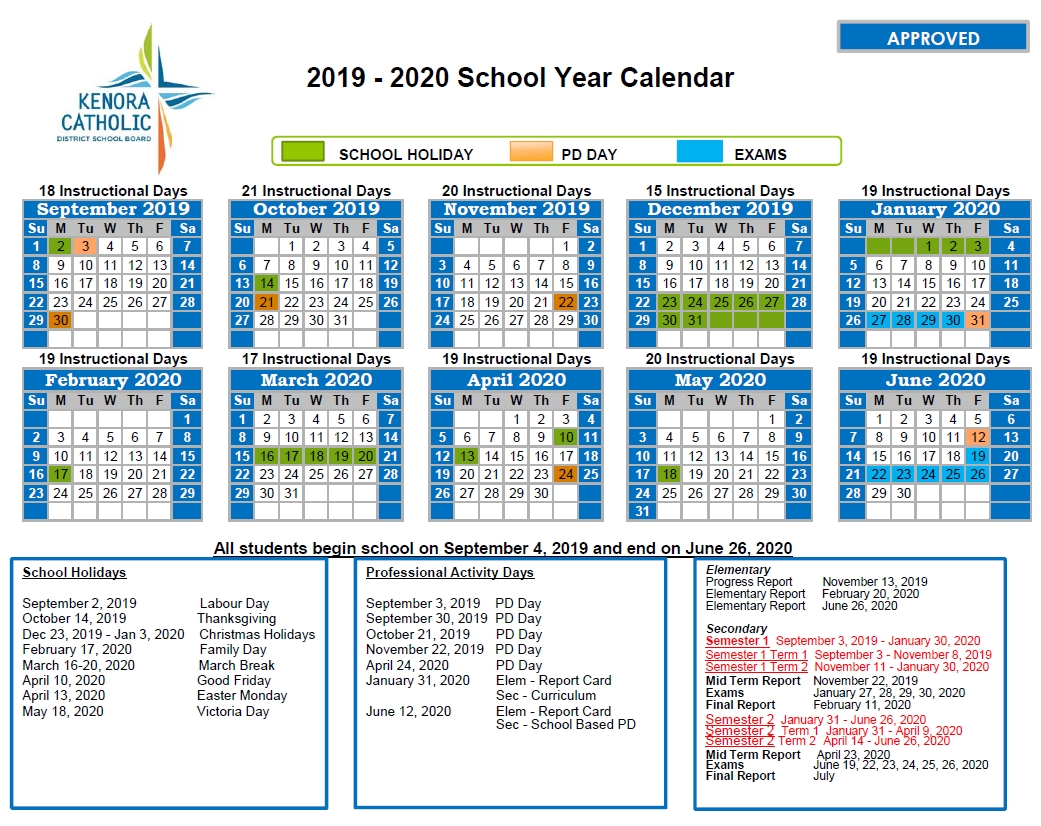 Kenora Catholic District School Board regarding Year Calendar 2020 Special Days