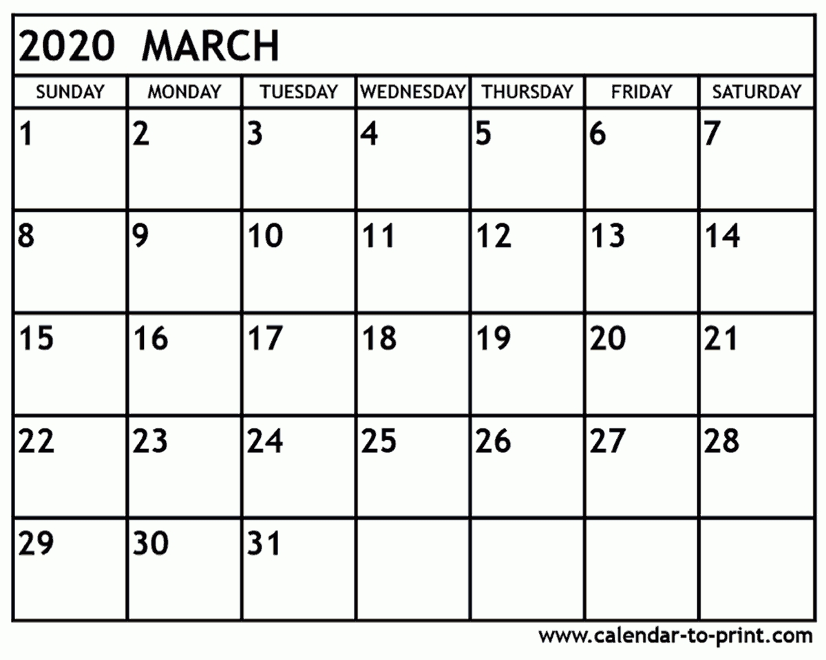 March 2020 Calendar Printable pertaining to Free Calendars2020Big Numbers