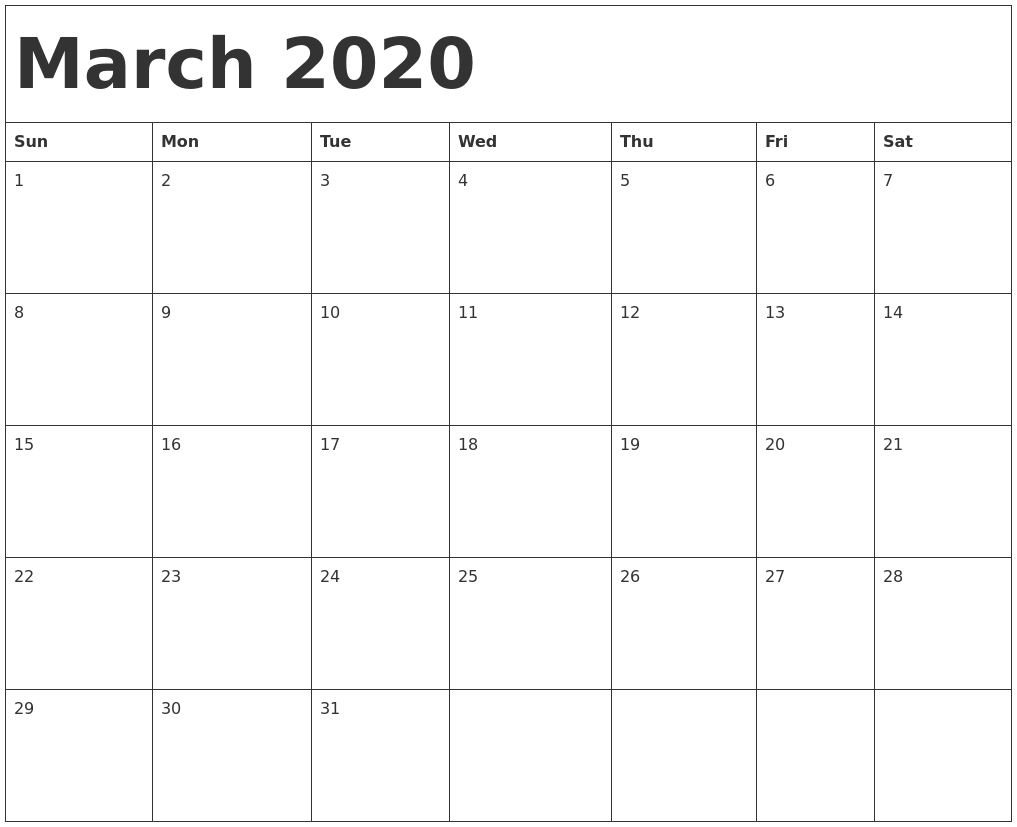 March 2020 Calendar Template with Monday - Sunday 2020