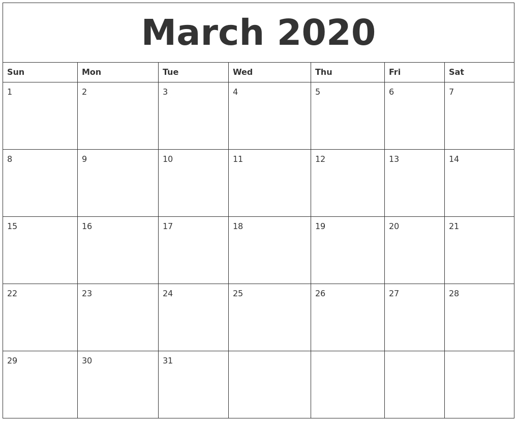 March 2020 Create Calendar regarding Monday - Sunday 2020