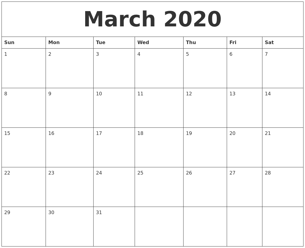 March 2020 Large Printable Calendar intended for Large Printable Calendar 2020