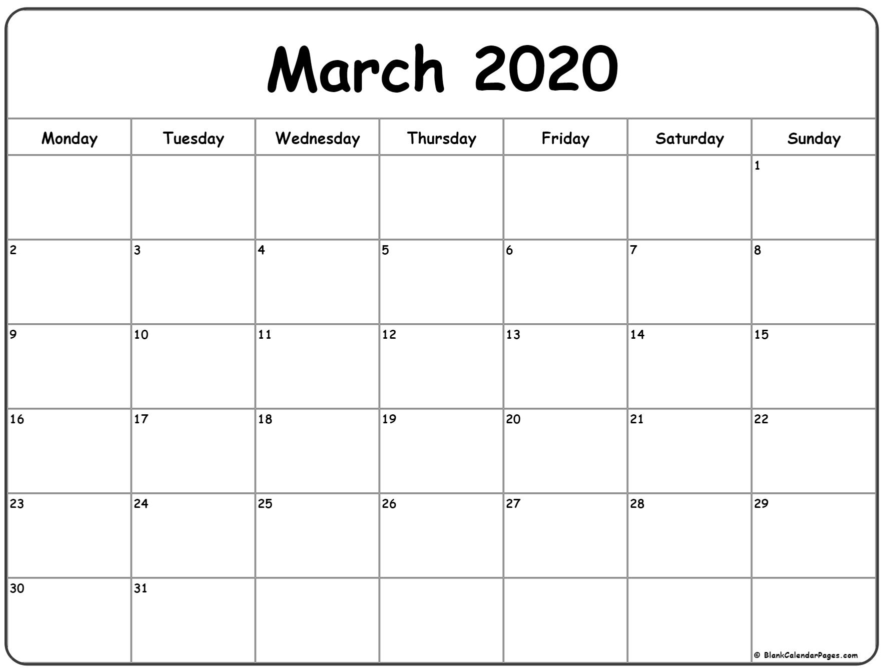 March 2020 Monday Calendar | Monday To Sunday throughout Monday - Sunday 2020