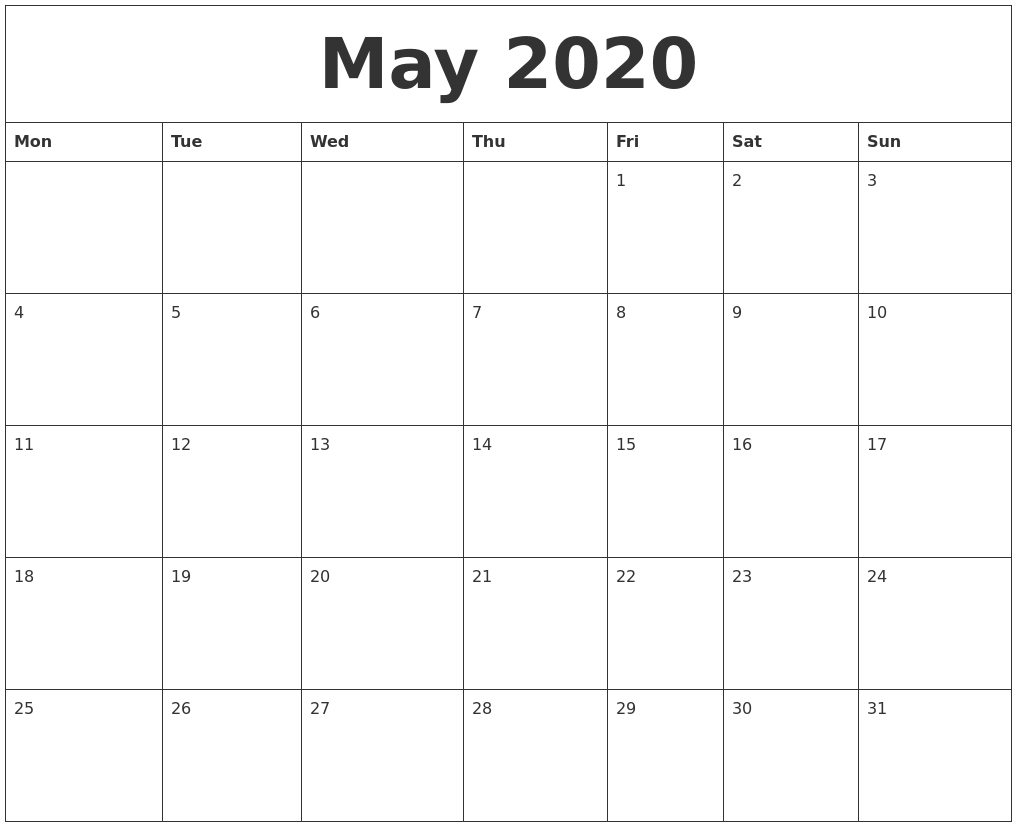 May 2020 Free Calendars To Print in Free Calendars 2020 Start With Monday