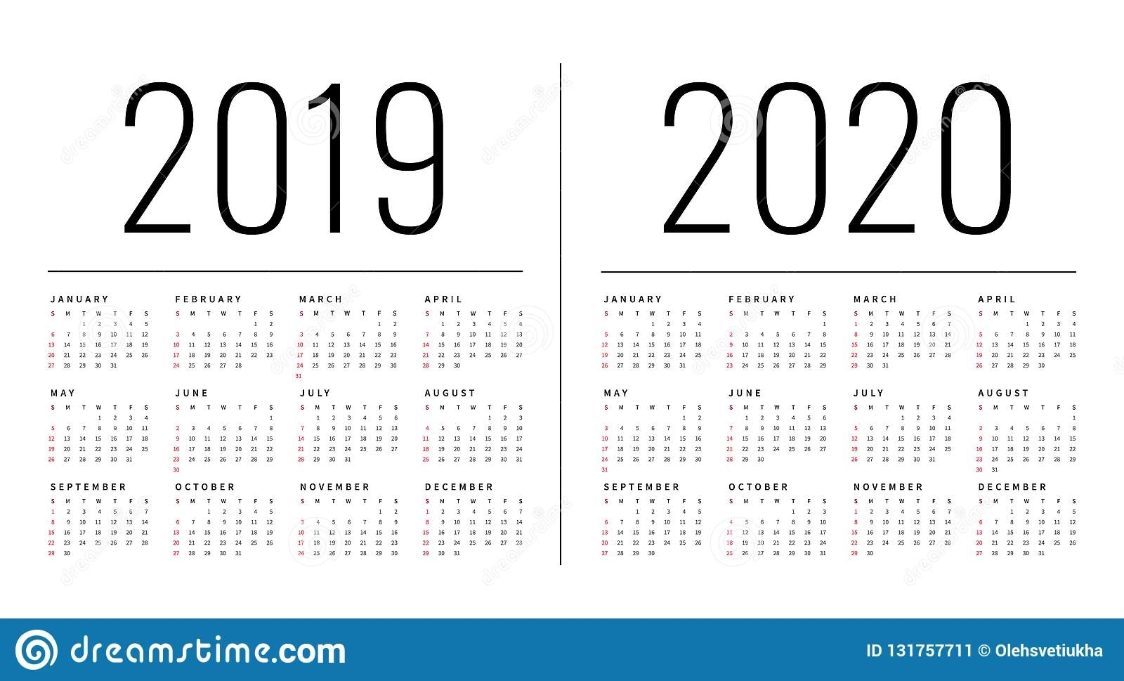 Mockup Simple Calendar Layout For 2019 And 2020 Years. Week Starts for Calendar June 2019 To July 2020