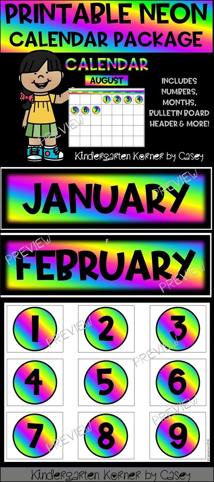 Neon Printable Calendar Set- Months Numbers 1 To 31 Bulletin Board intended for Printable Neon 12 Month Blank Calendar