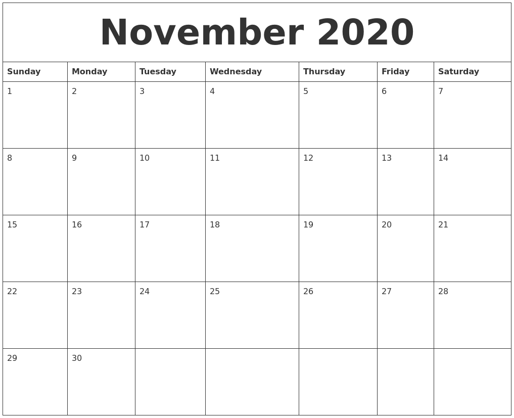 November 2020 Word Calendar with regard to 2020 Calendar Sunday Through Saturday