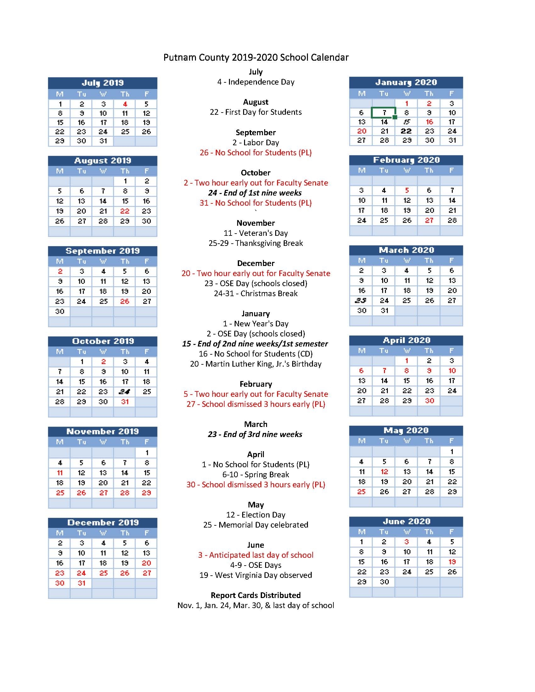 Pcs 2019-2020 School Calendar Highlights - Putnam County Schools throughout Virginia Tech Calendar 2019-2020