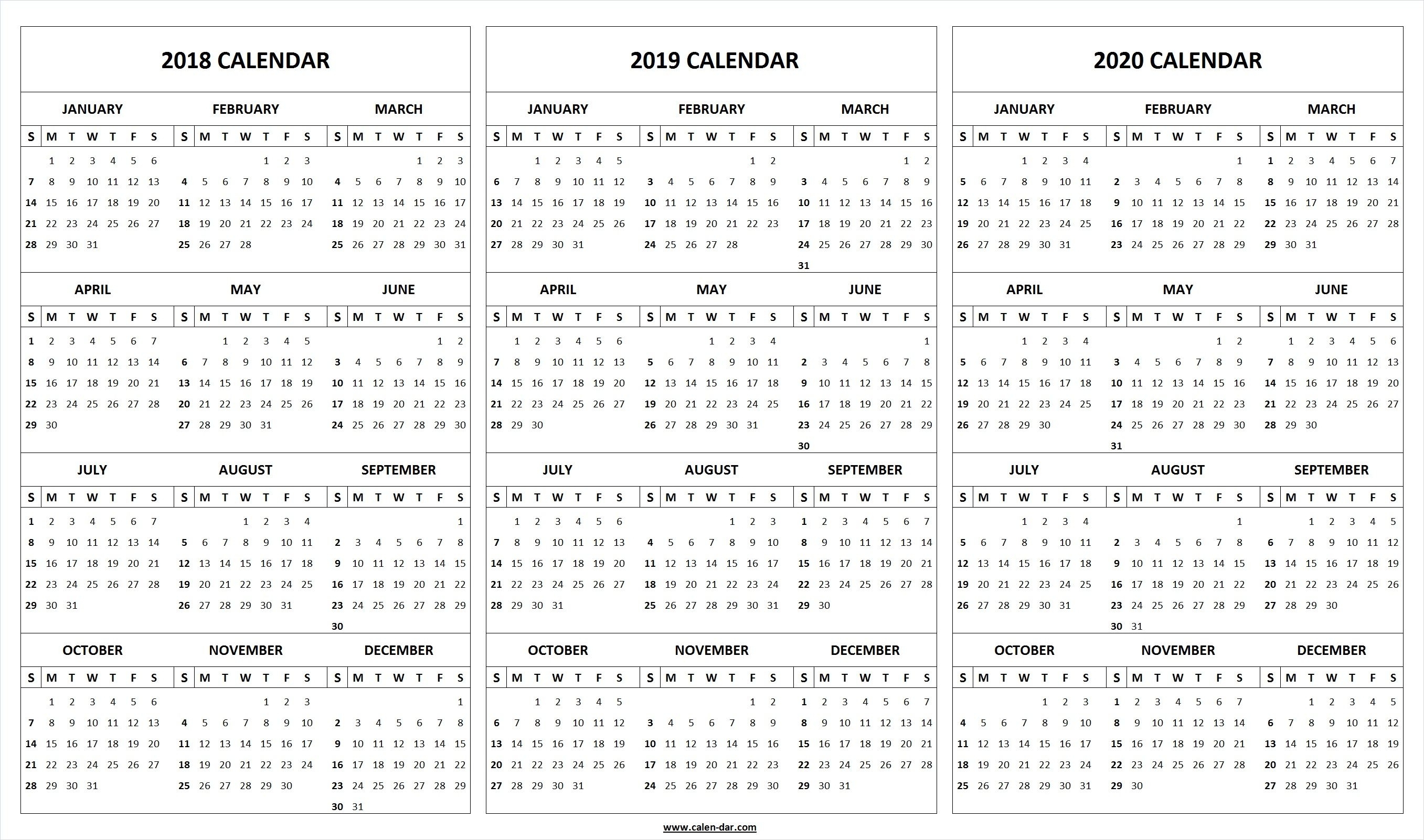 Print Blank 2018 2019 2020 Calendar Template | Organize! | Printable in 3 Year Printable Calendar 2019 2020 2021