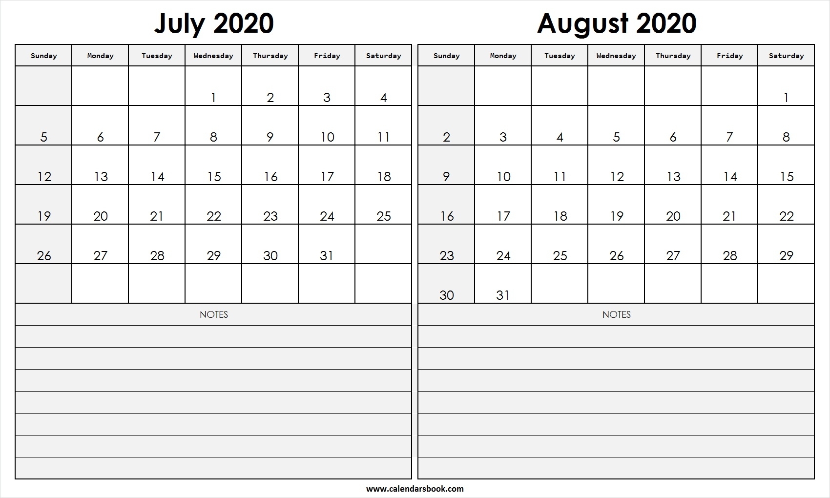 Print July August 2020 Calendar Template | 2 Month Calendar for June July August 2020 Calendar