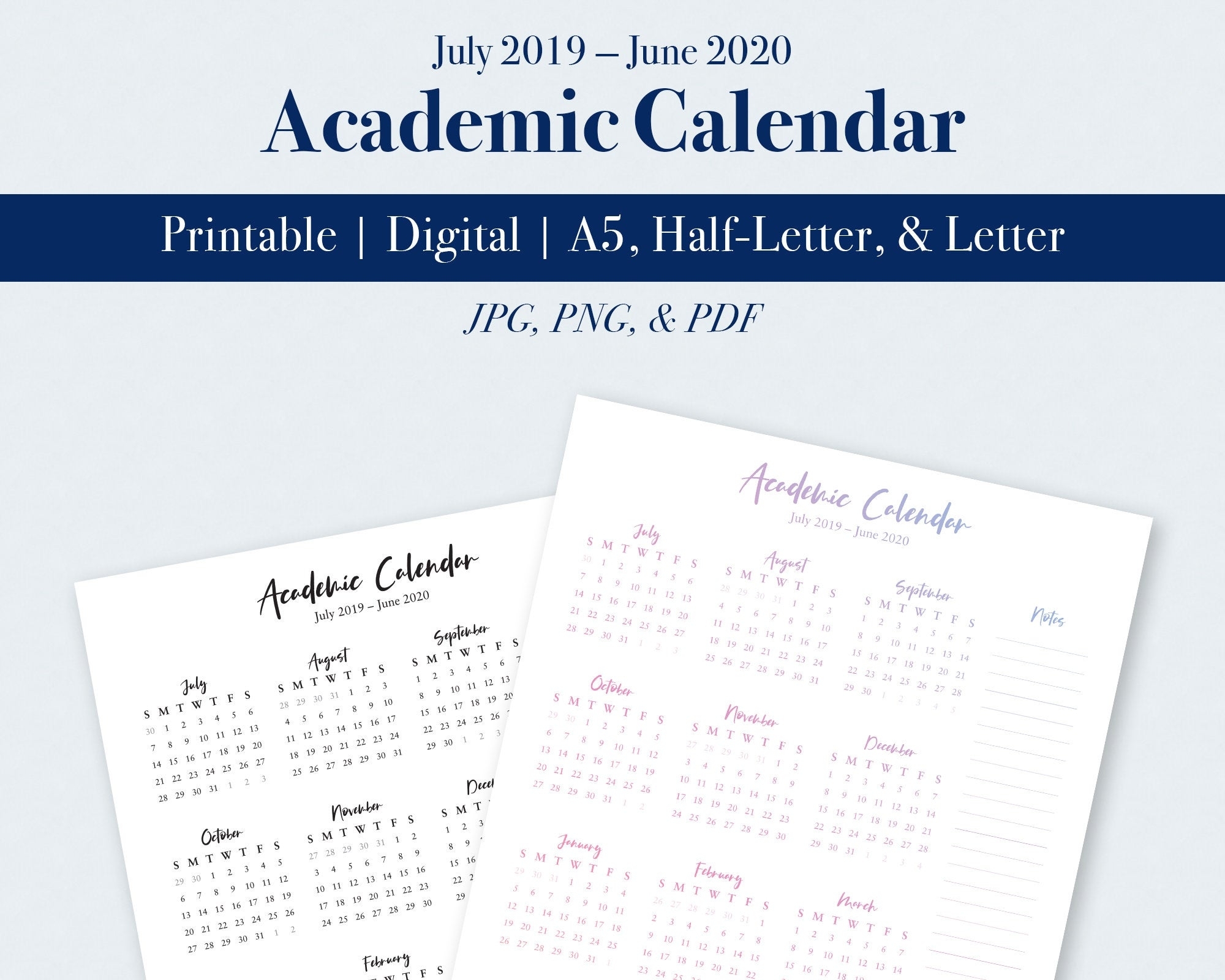 Printable Academic Calendar July 2019 June 2020 Digital | Etsy pertaining to Calendar July 2019-June 2020
