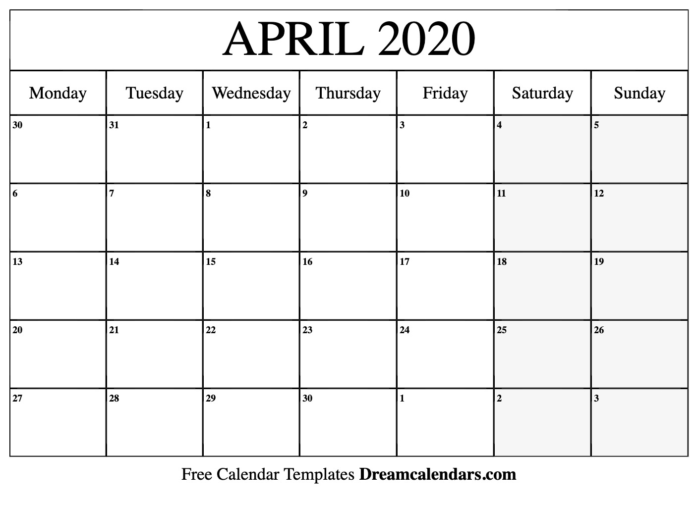 Printable April 2020 Calendar inside Calender 2020 Template Monday To Sunday