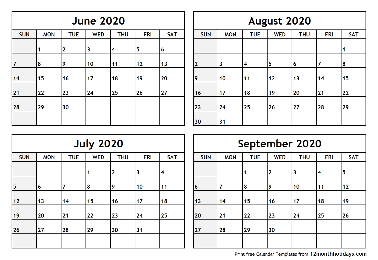 Printable Blank Four Month June July August September 2020 Calendar with regard to June July August 2020 Calendar