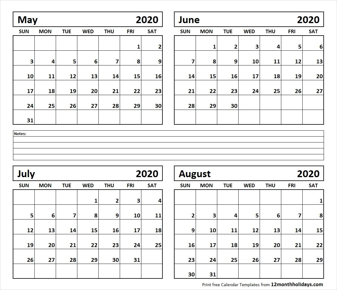 Printable Blank Four Month May June July August 2020 Calendar Template with regard to June July August 2020 Calendar