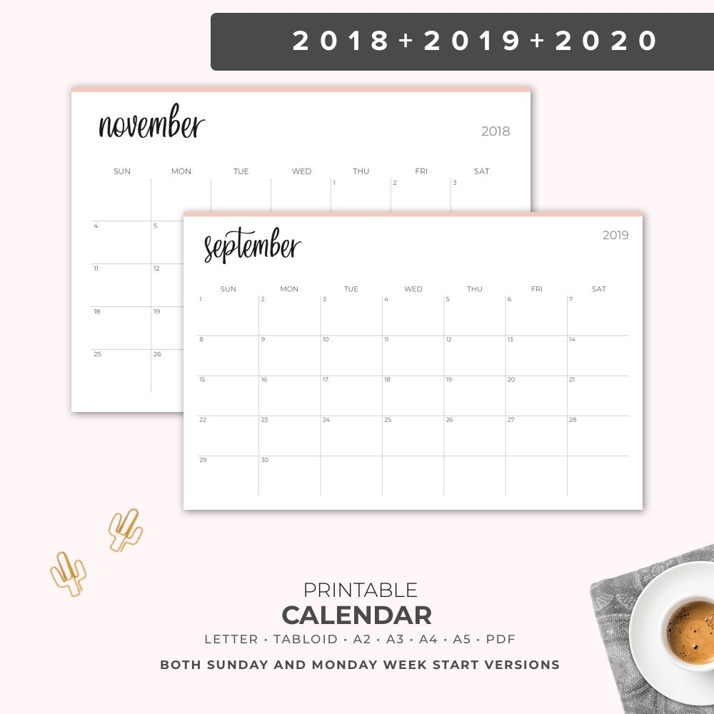 Printable Calendar 2019-2020 Large Wall Calendar 2019 Desk | Etsy for Printable Calendar Monthly 2019-2020 Free 11X17 Large Boxes