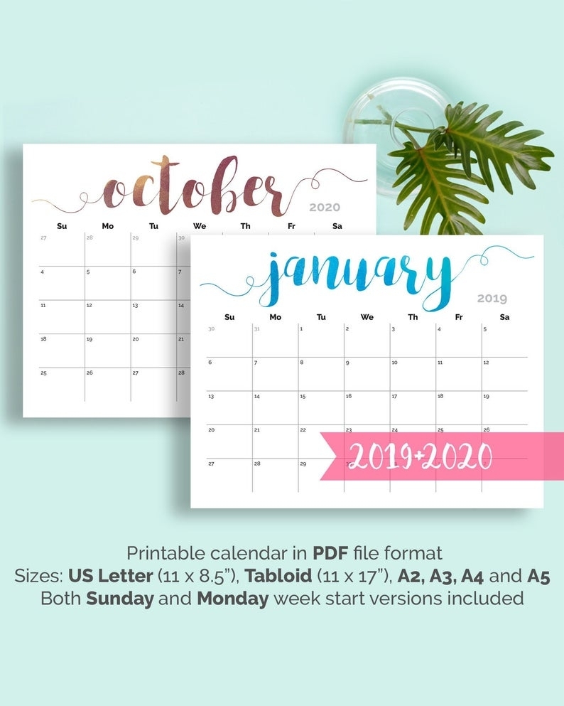 Printable Calendar 2019 Large Wall Calendar 2019-2020 Desk | Etsy throughout 11&amp;quot; X 8.5&amp;quot; Calendar Pages 2020 Free