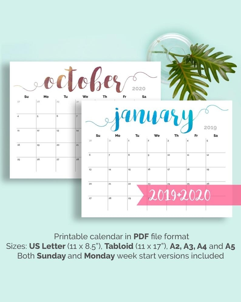 Printable Calendar 2019 Large Wall Calendar 2019-2020 Desk | Etsy with Printable Calendar Monthly 2019-2020 Free 11X17 Large Boxes