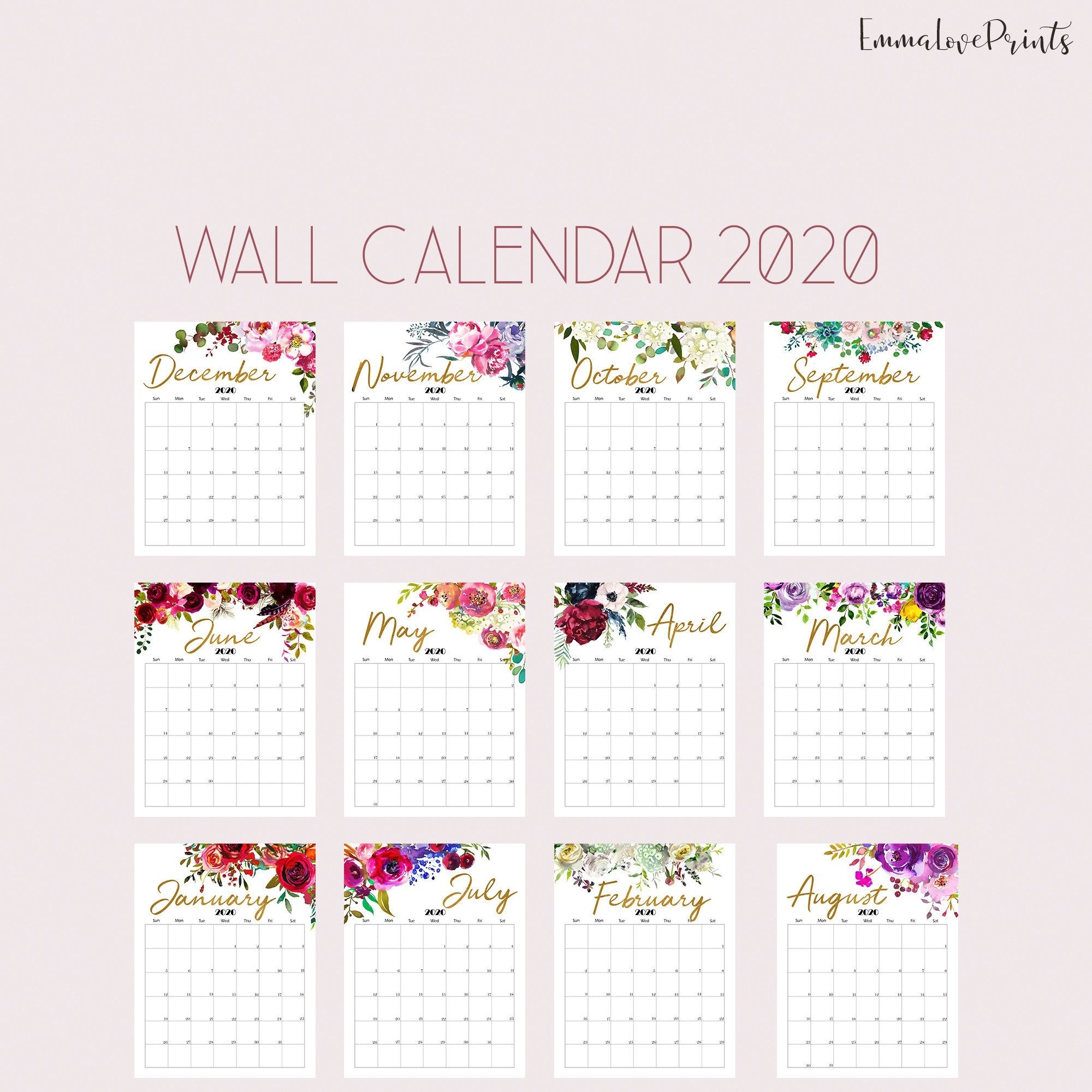 Printable Calendar 2020 Wall Calendar 2020 Desk Calendar, Floral pertaining to Calendar 365 2020 Printable