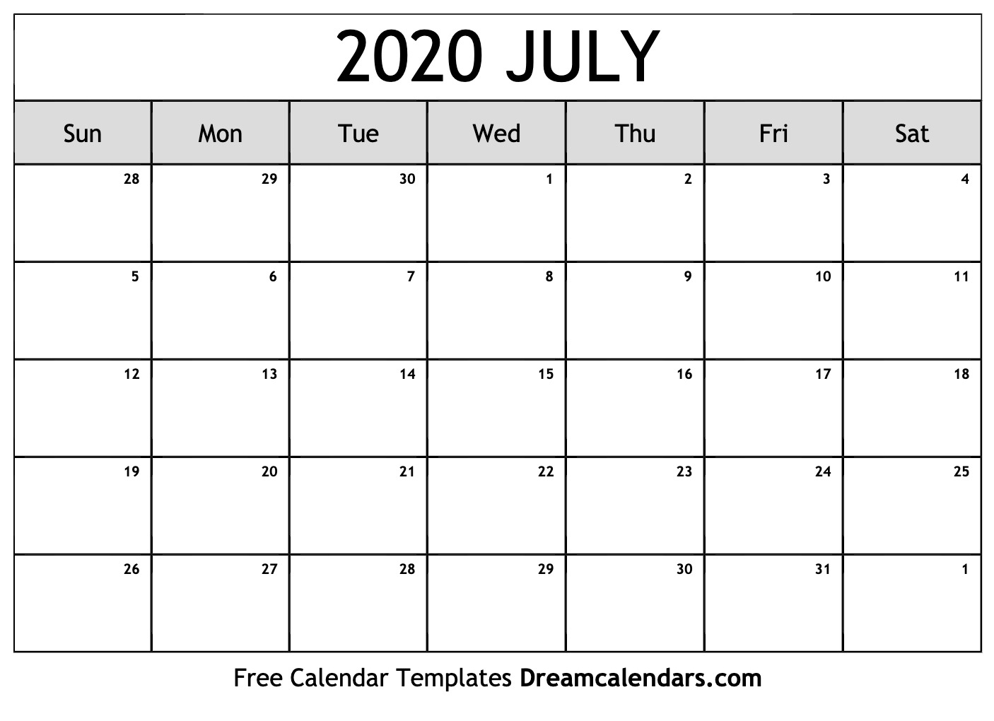 Printable July 2020 Calendar with regard to July 2019 - July 2020 Calendar Printable Free