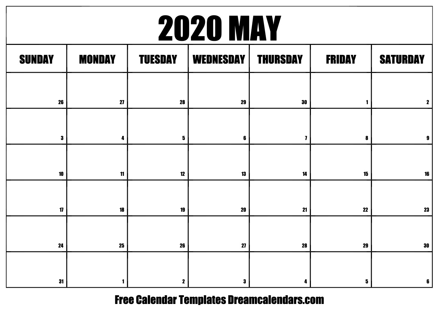 Printable May 2020 Calendar throughout 2020 Calendar Sunday Through Saturday