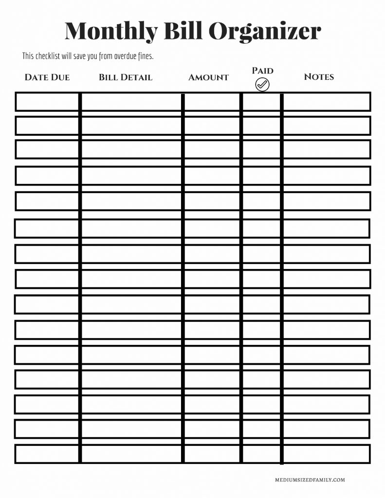 Printable Blank Paying Bills Organizer