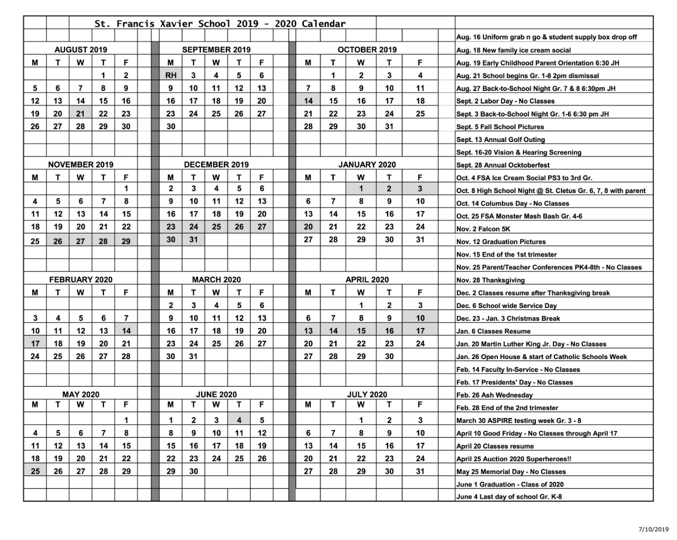 Saint Francis Xavier Parish - 2019-2020 Academic Calendar within Catholic Liturgical Calendar 2020 Pdf