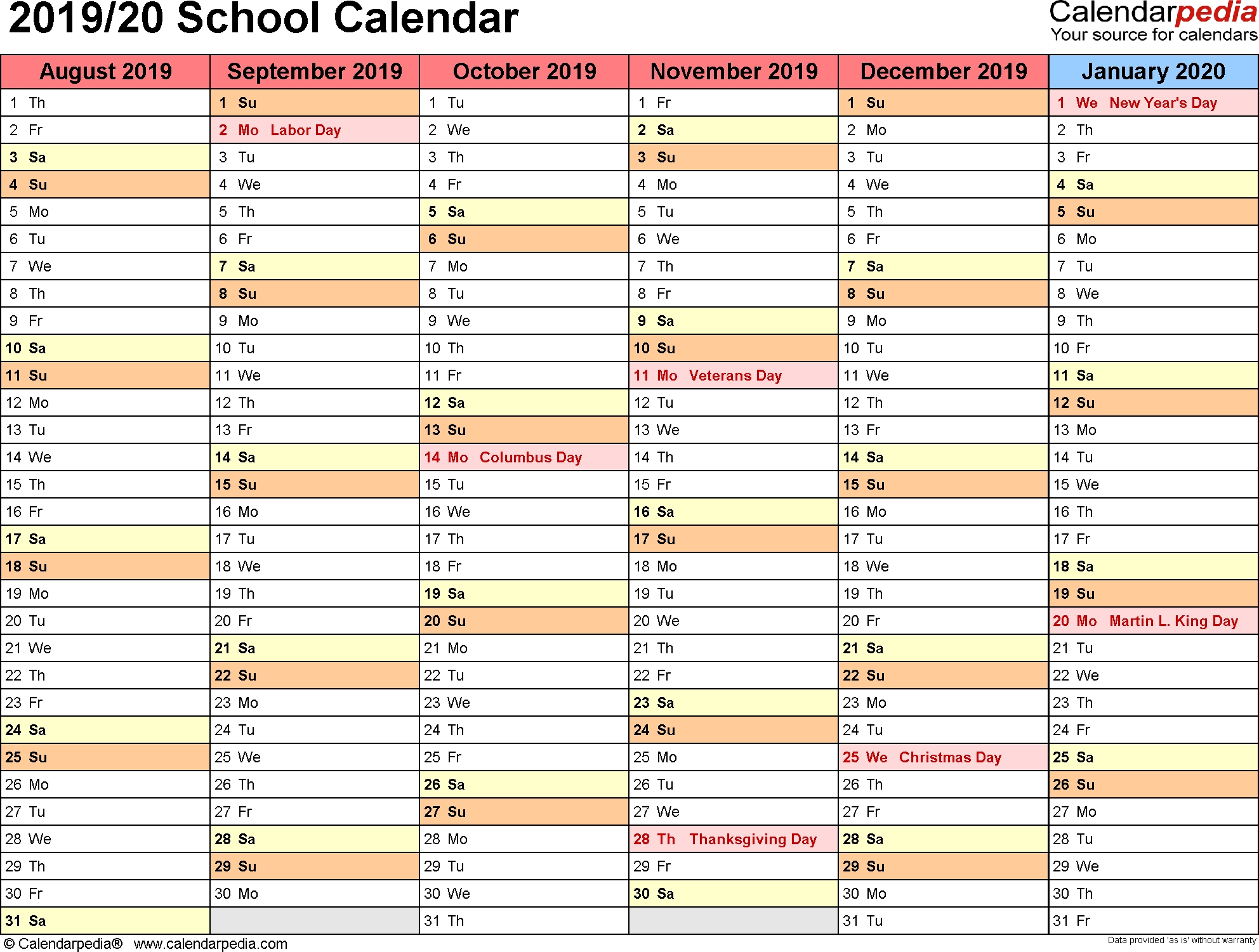 School Calendars 2019/2020 As Free Printable Pdf Templates inside Year At A Glance Calendar 2019-2020