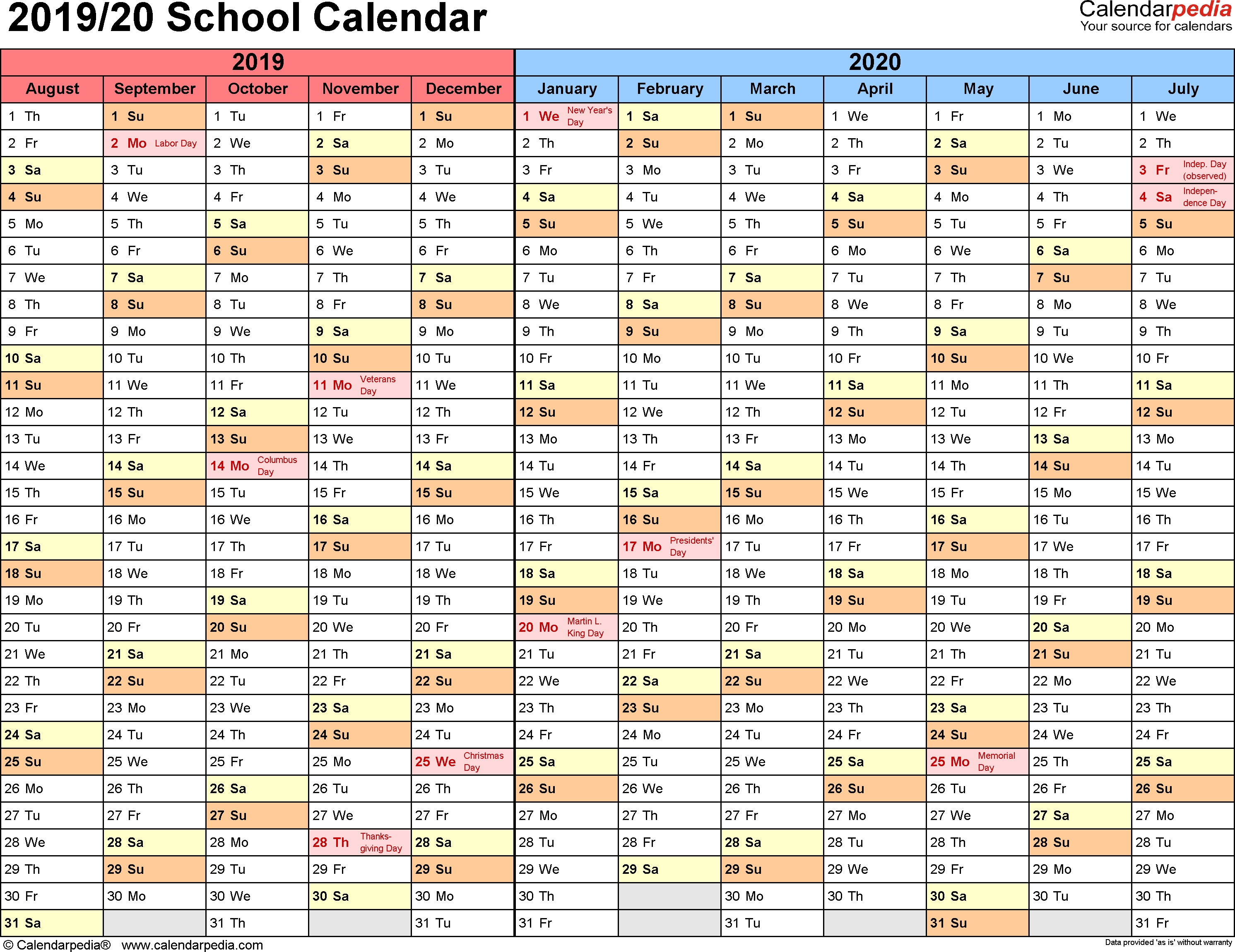 School Calendars 2019/2020 As Free Printable Pdf Templates with regard to Year At A Glance Calendar School Year 2019-2020 Free Printable