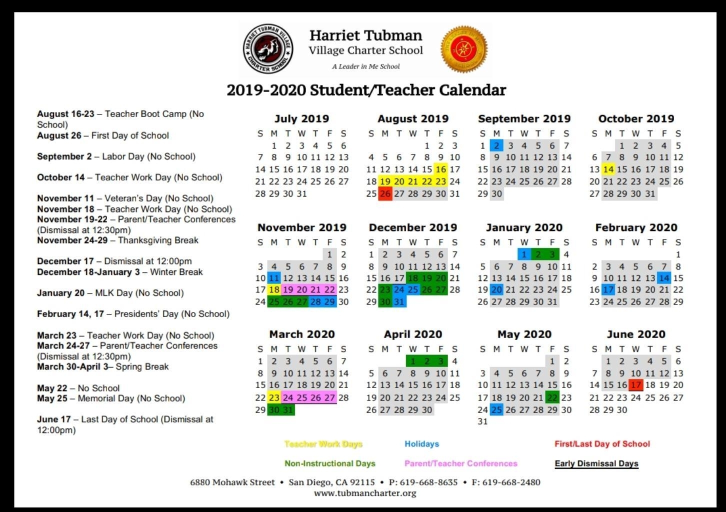 Calendar 20192020 Important Dates