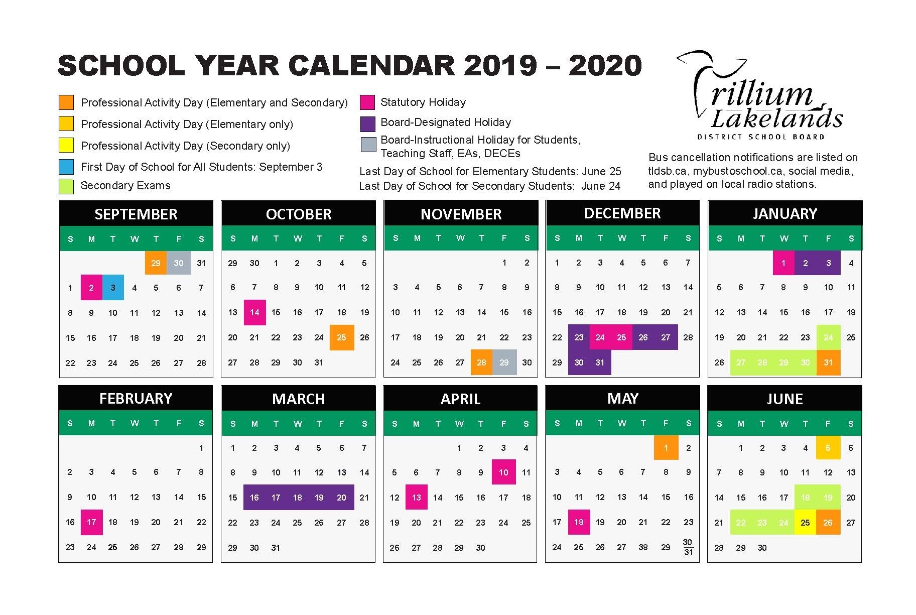 School Year Calendar – Trillium Lakelands District School Board throughout U Of C Calendar 2019/2020