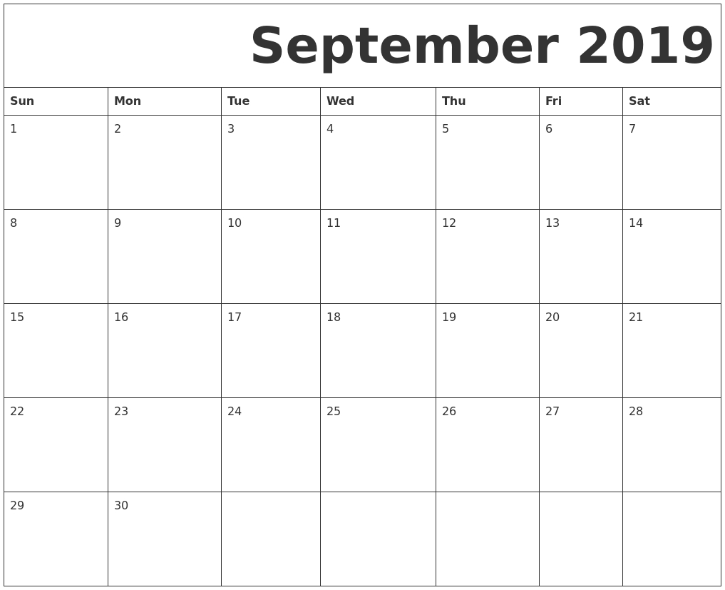 September 2019 Free Printable Calendar in Calender September 2019 To August 2020