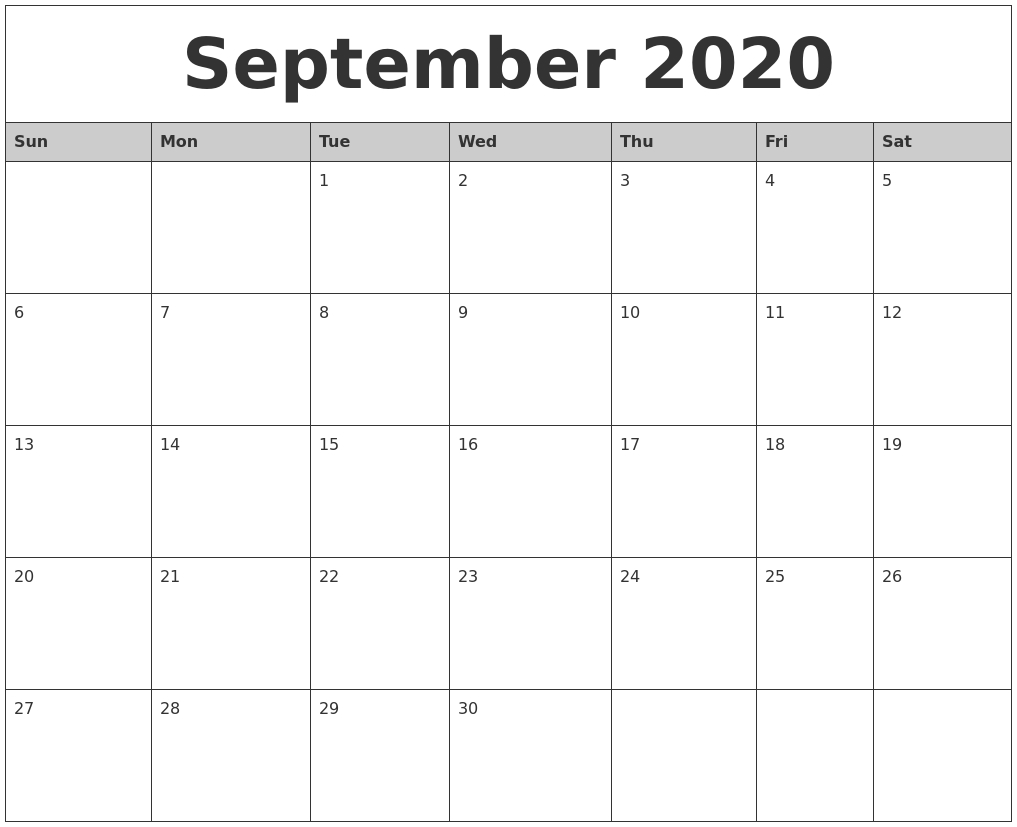 September 2020 Monthly Calendar Printable pertaining to Writing Calendar For 2020