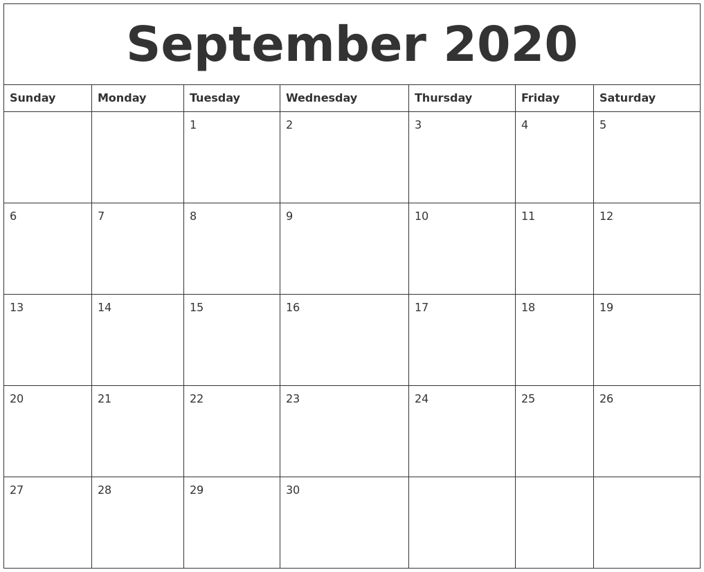 September 2020 Weekly Calendars with regard to 2020 Calendar Sunday To Saturday