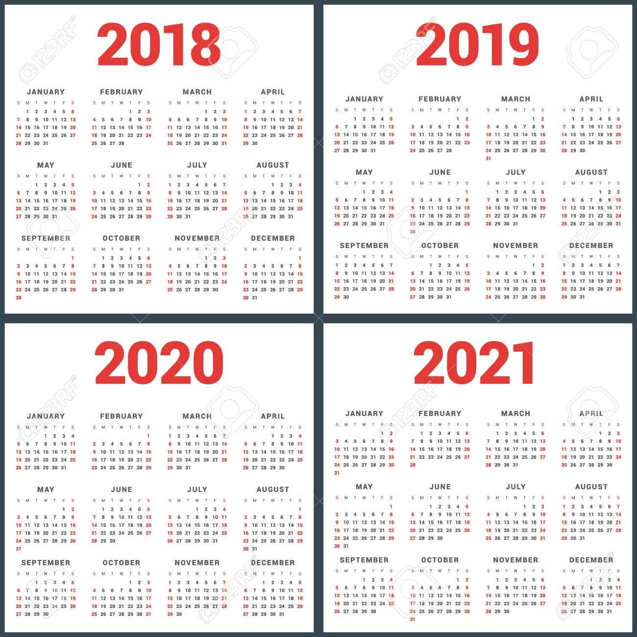 Set Of Calendars For 2018, 2019, 2020, 2021 Years. Week Starts for Calendar 2019 2020 2021