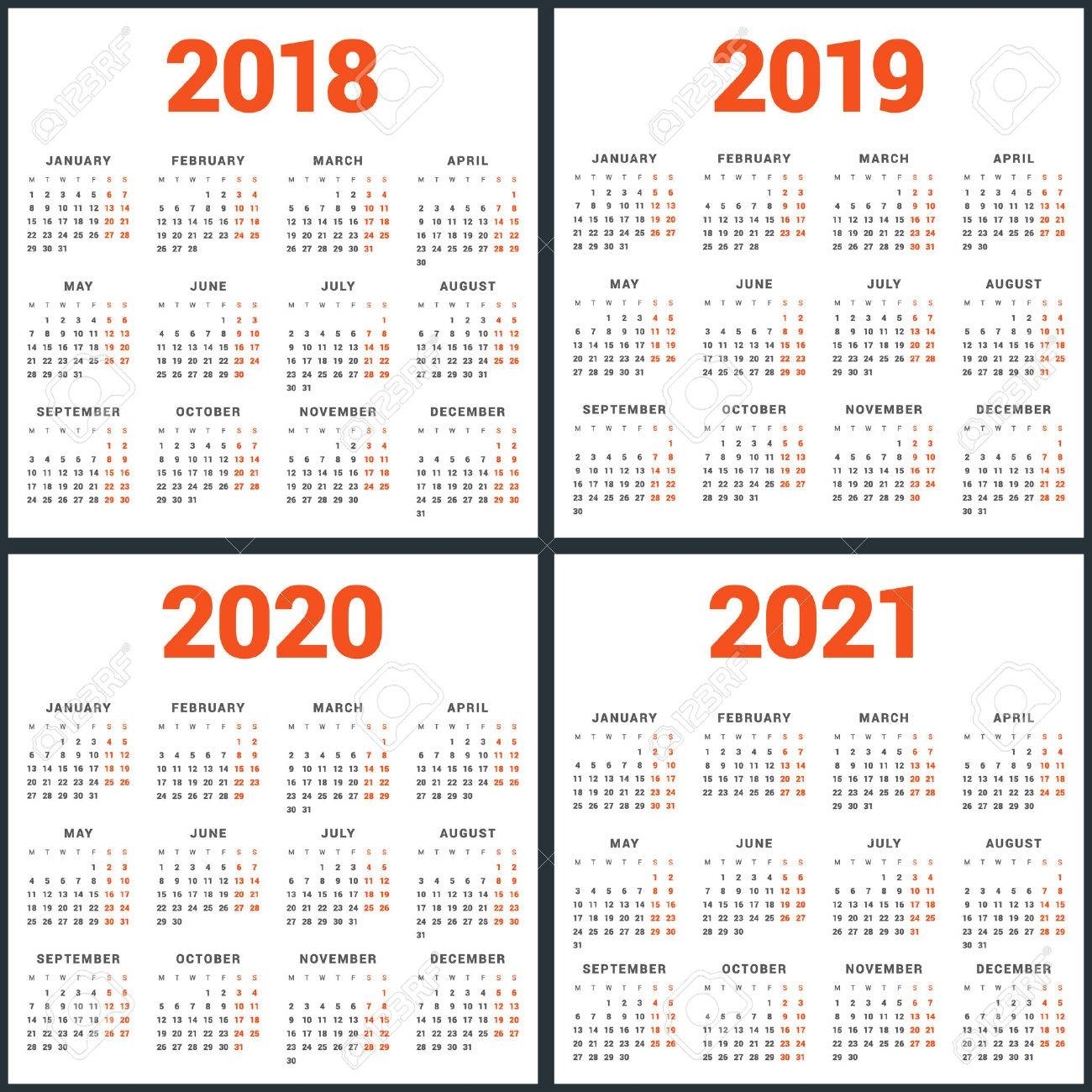 Set Of Calendars For 2018, 2019, 2020, 2021 Years. Week Starts regarding Week Count Calendar 2019-2020