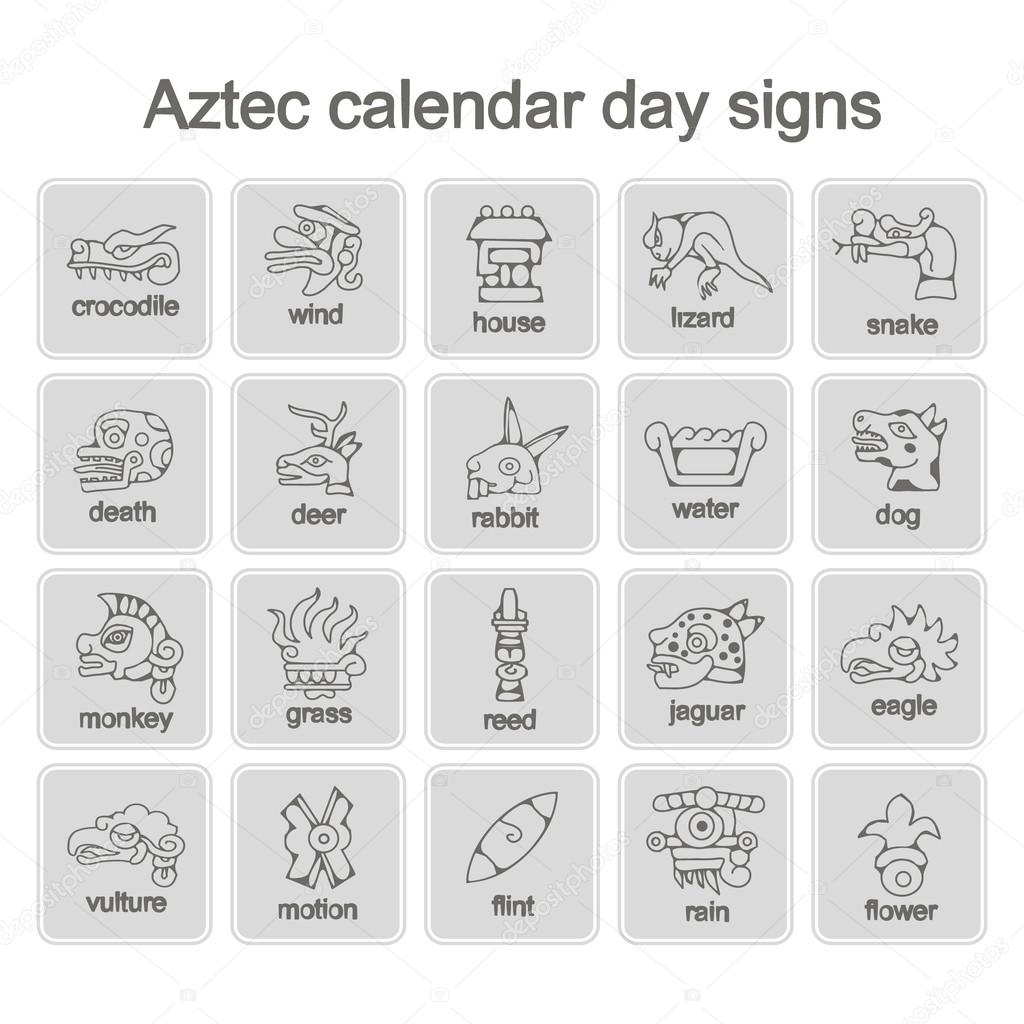 Set Of Monochrome Icons With Aztec Calendar Day Signs — Stock Vector with regard to Aztec Calendar Symbols And Meanings