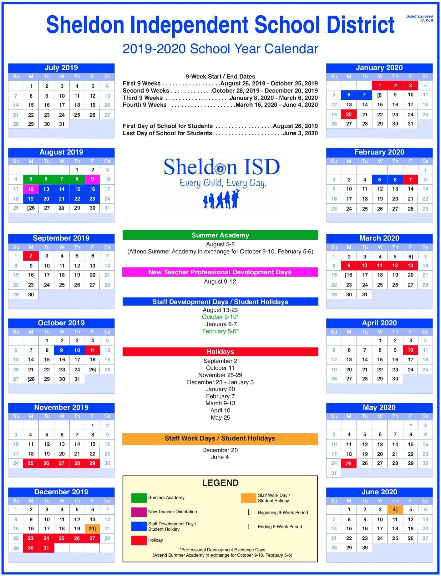 Sheldon Isd inside U Of R 2020 Calendar