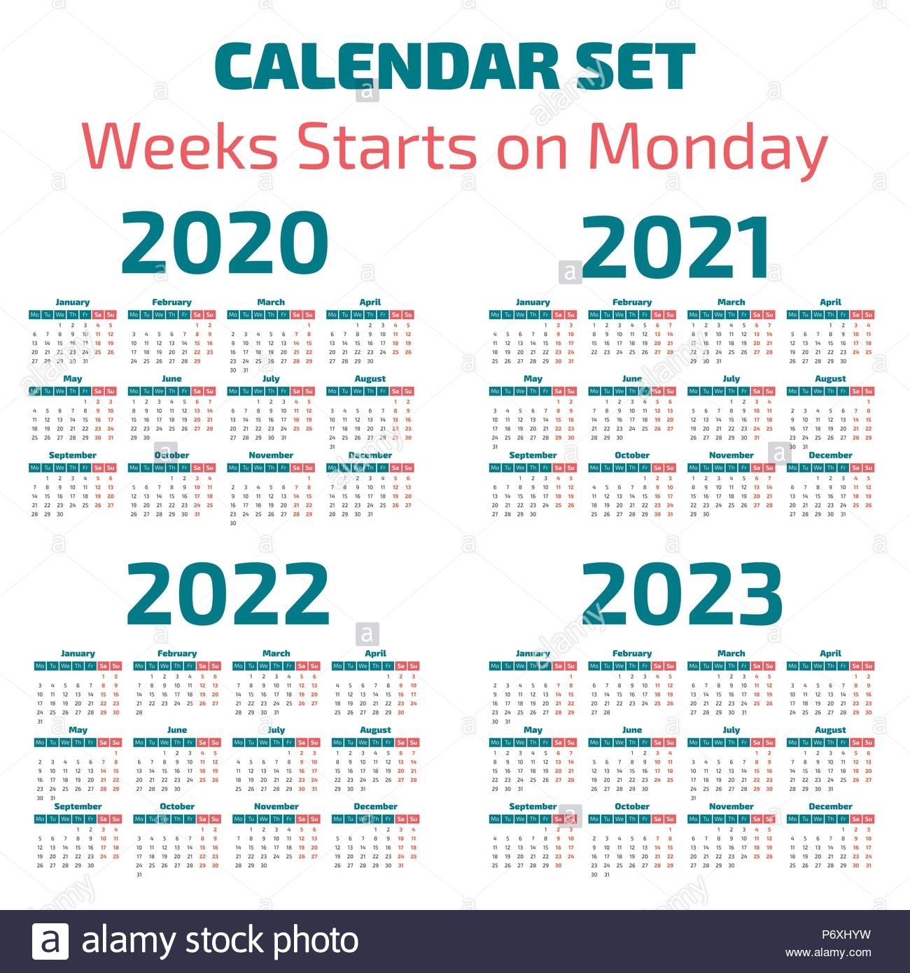 Simple 2020-2023 Years Calendar, Week Starts On Monday Stock Vector within 2020 To 2023 Calendars
