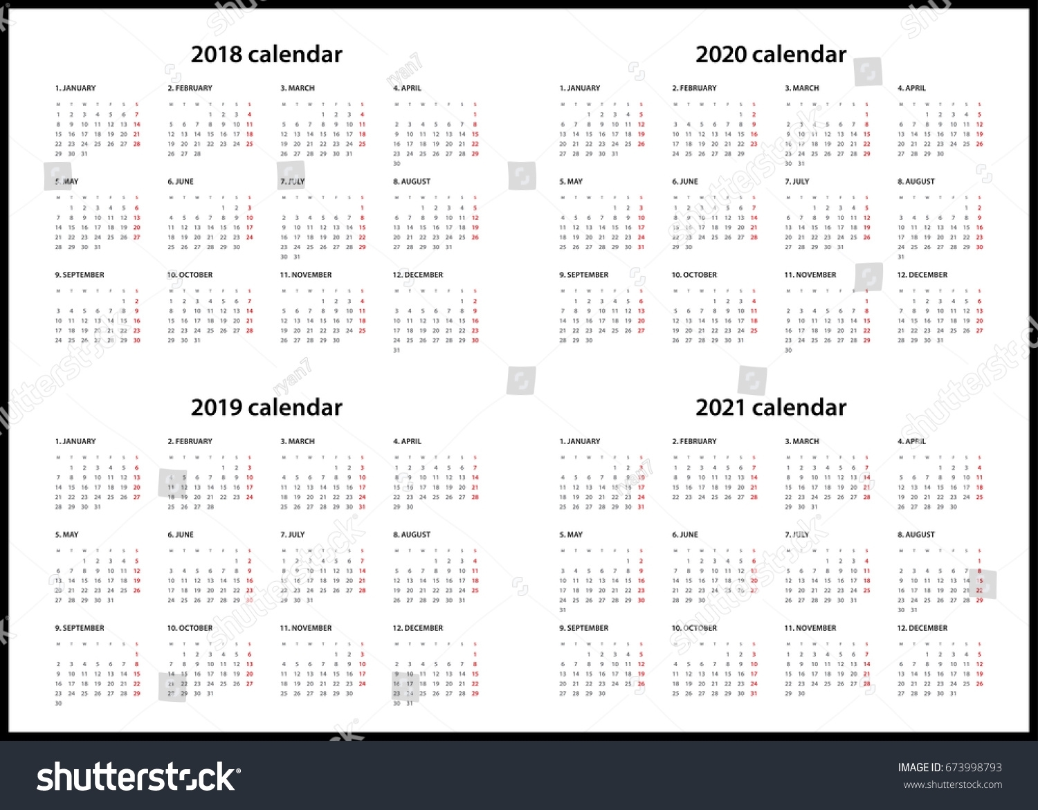 Simple Calendar For 2018, 2019, 2020… Stock Photo 673998793 - Avopix with 2019-2020 Calendar Starting On Mondays