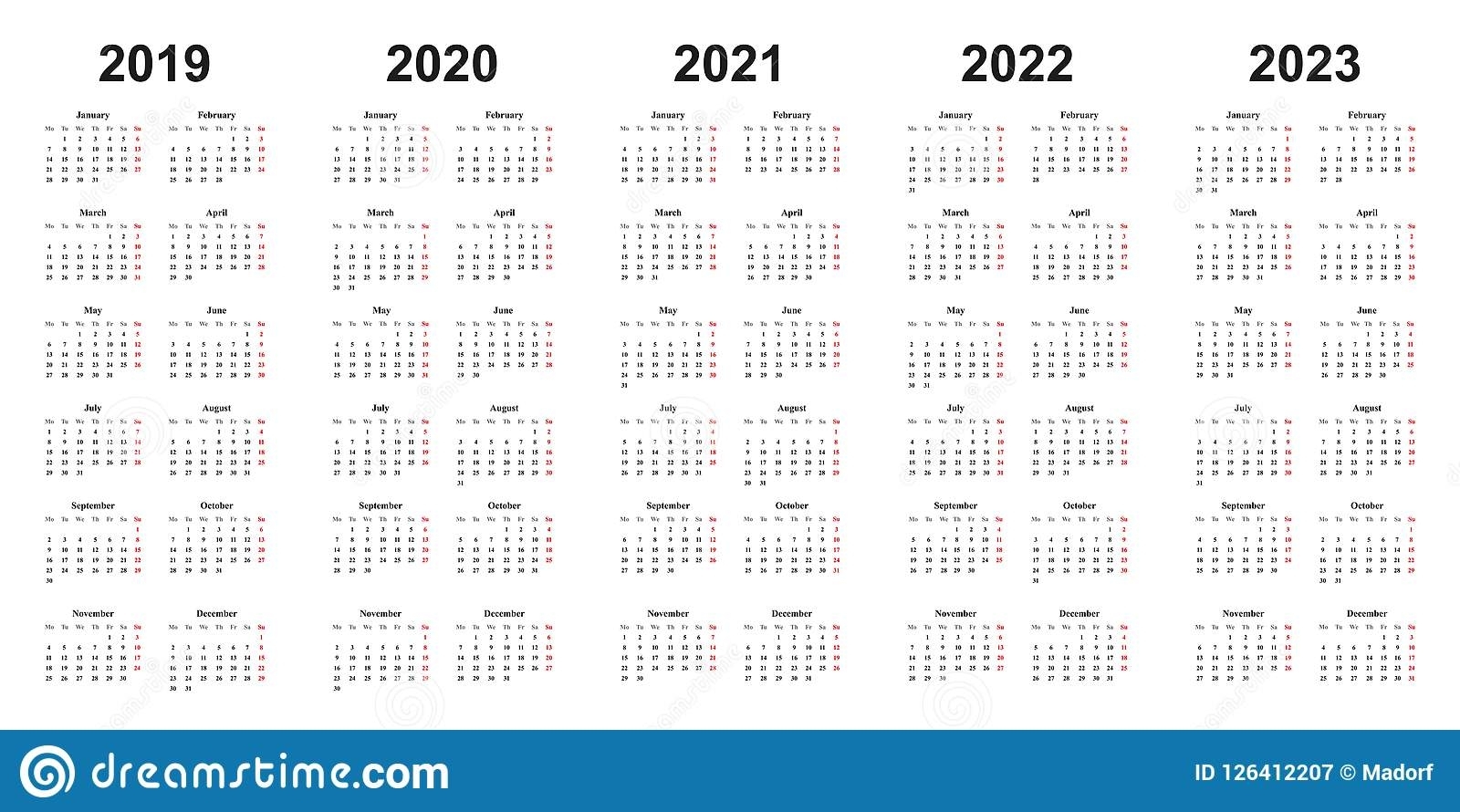 Simple Design Calendar With Years 2019, 2020, 2021, 2022, 2023 Stock in 2020 To 2023 Calendars