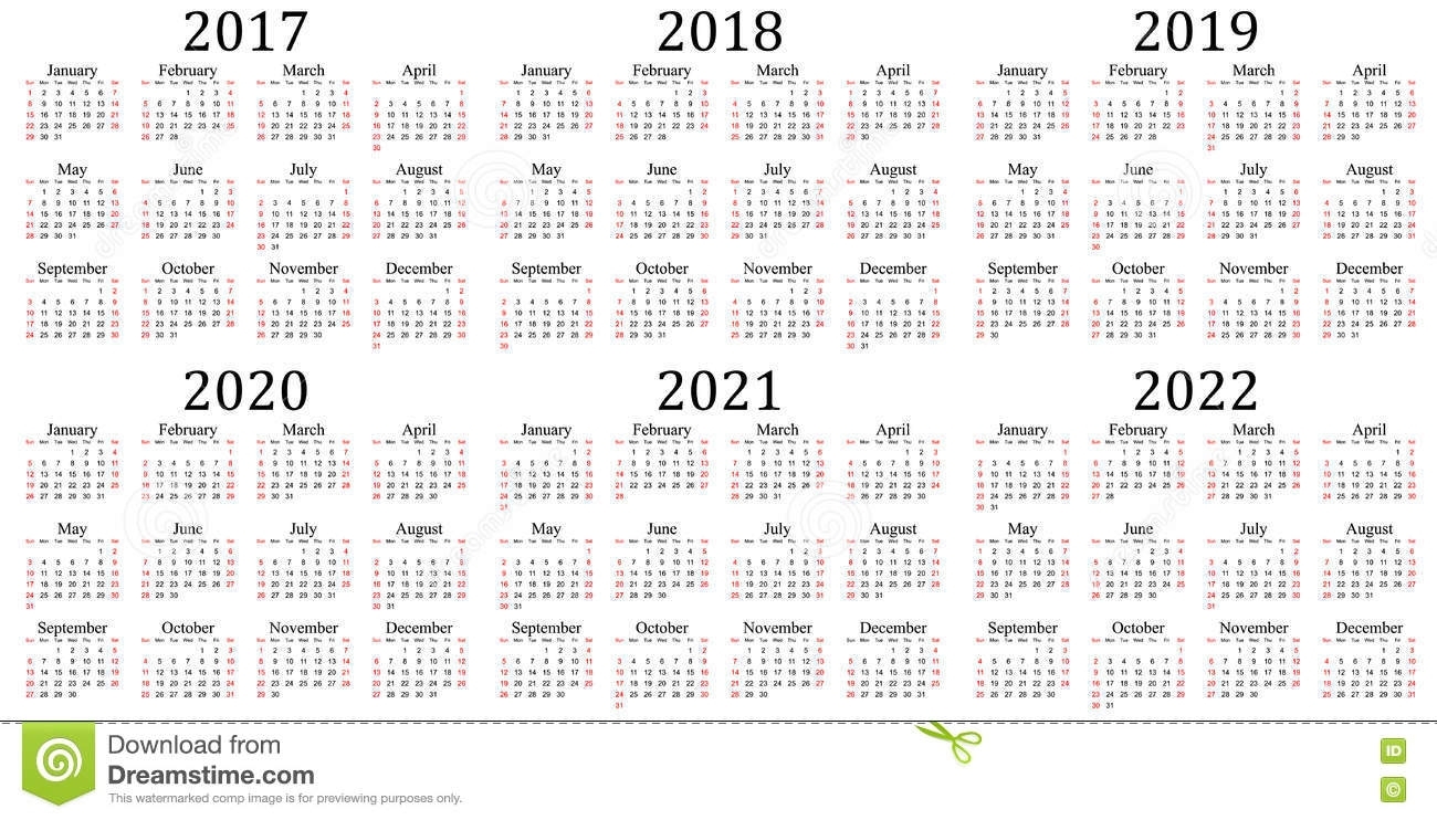 Six Year Calendar - 2017, 2018, 2019, 2020, 2021 And 2022 Stock inside Calendar 2019 2020 2021