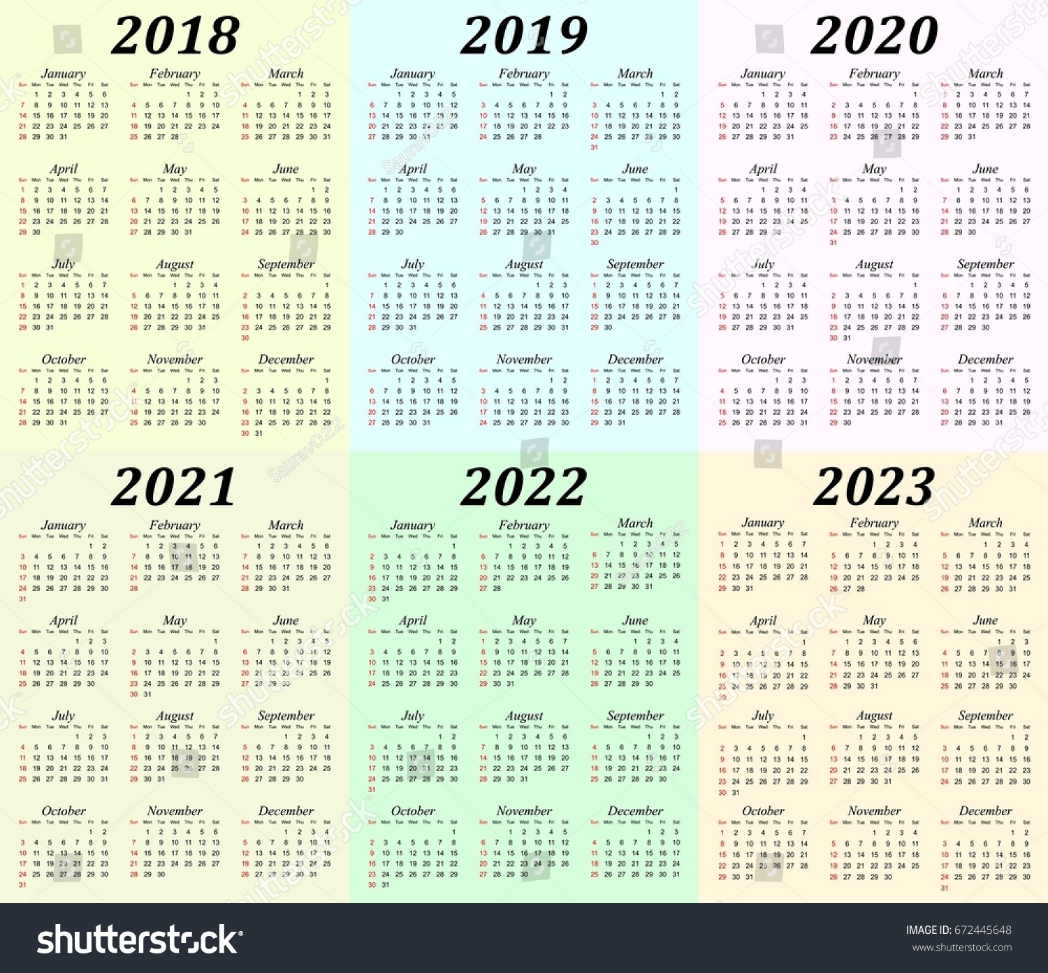 Six Year Calendar 2018 2019 2020 Stock Vector (Royalty Free) 672445648 throughout 2020 To 2023 Calendars