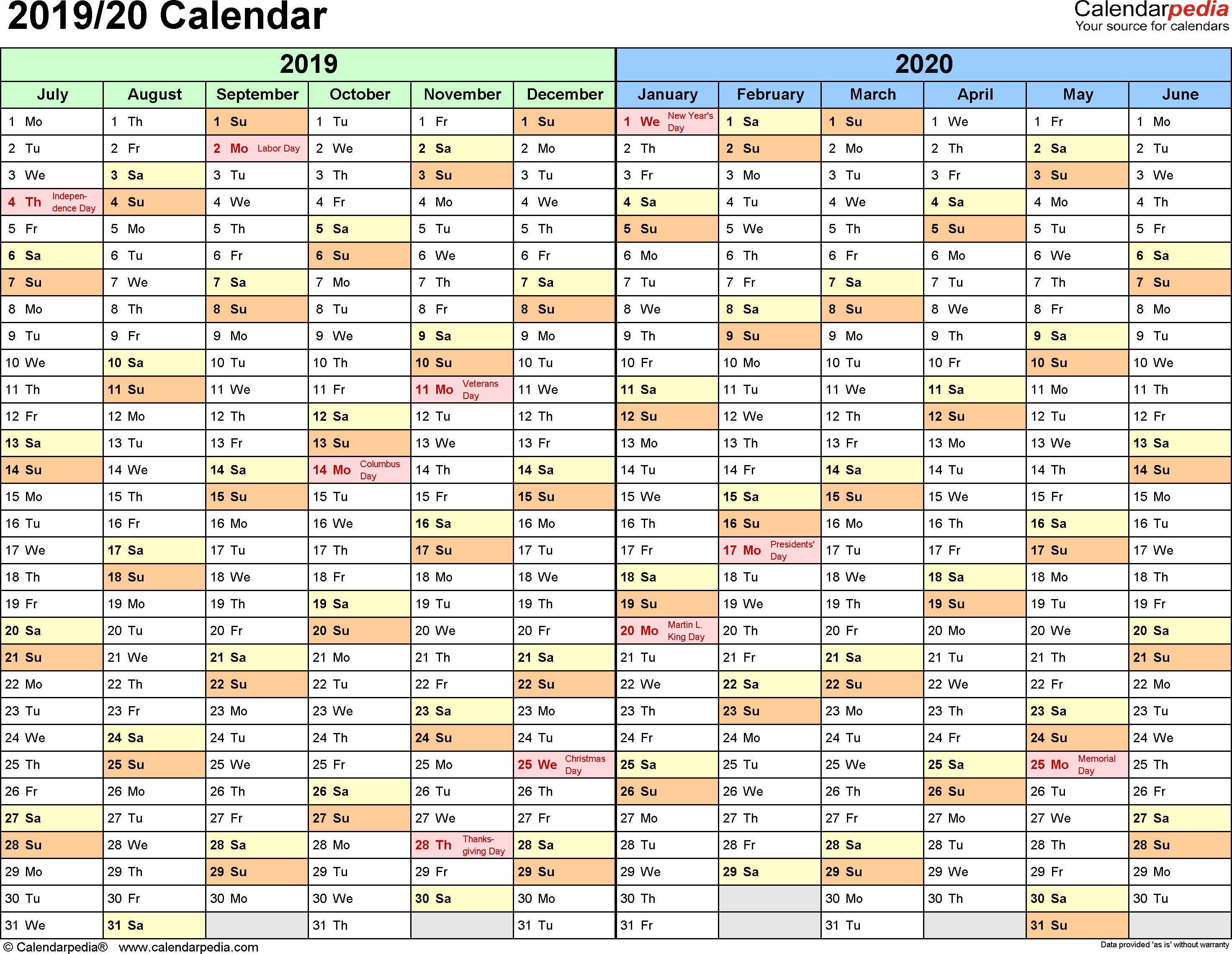 Split Year Calendar 2019/20 (July To June) - Excel Templates intended for School Year At A Glance Calendar 2019-2020